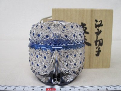 Y4324 ガラス 「南端久司 江戸切子 棗 青色切子」 共箱 義山 薄茶器 茶道具 工芸ガラス