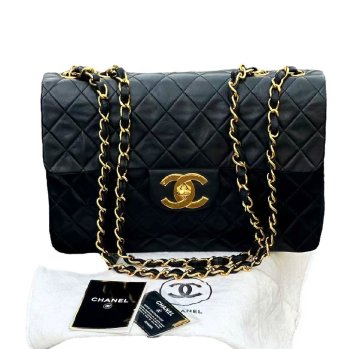 超美品◆本物シャネルCHANELヴィンテージG金具VintageデカマトラッセココマークCOCO2重Wチェーンショルダーバッグラムスキン黒金