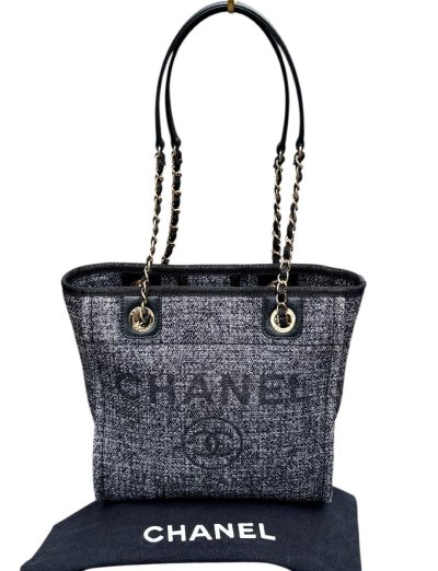 新型プレートタイプ◆シャネルCHANELドーヴィルPMツイード・レザーココマークチェーントートバッグToteマトラッセハンドバッグ黒グレー系