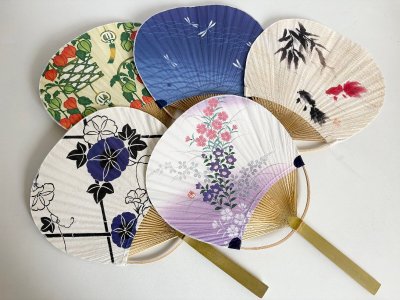 唐月竹うちわ　5本セット　ゆかた地あじさい　トンボ　麻地金魚　桔梗なでしこ　ほおずき　団扇　日本の夏　和小物