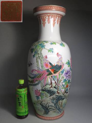 【東】清時代 「大清乾隆年製」 景徳鎮窯　粉彩花鳥文大花瓶　H61cm　中国美術/古美術・骨董品　lot:70421