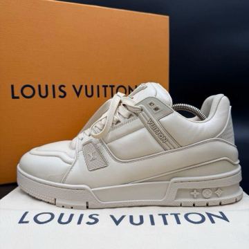 1円 【23年製/美品】 LOUIS VUITTON ルイヴィトン LVトレイナー LVロゴ ベージュ レザー ファブリック メンズ スニーカー 靴 シューズ 25cm