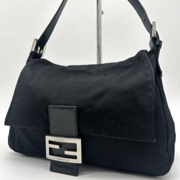 1円 ◆稀少◆ FENDI フェンディ マンマバケット ショルダーバッグ ハンドバッグ レザー ナイロン ジャージ FF SV金具 ブラック 黒 肩掛け 