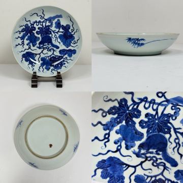 X-中国古美術 時代物 染付 飾皿 中皿 リス葡萄図 唐物 陶磁器 中国古玩 古董