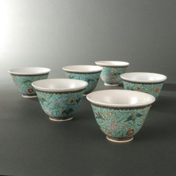 委託HK◇時代 陶七宝汲出 6客（茶道具 煎茶道具 陶磁器 磁器 七宝焼 茶托 湯呑 お茶 骨董 古美術 折鶴 桜 梅 松 古道具 アンティーク）