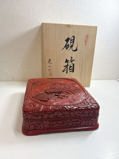 2870 硯箱 晃一作 村上木彫堆朱 村上堆朱 書道具 文箱 現状品
