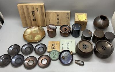 S 銅製品 まとめ 21個 茶筒 茶托 茶器 花瓶 茶道具 煎茶道具 銅製 玉川堂 上杉堂 など 共箱 総重量 4.9kg　