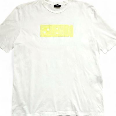 Lサイズ◎FENDI フェンディ 半袖 Tシャツ クルーネック トップス カットソー デカロゴ メッシュロゴ メンズ 白 ホワイト ネオンイエロー 