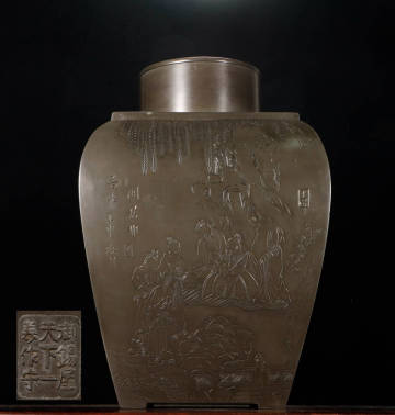 【巨大 御錫屋天下一美守作 錫 茶入れ 茶葉罐 錫罐】重量5616g 仕女図 高仕図 詩文 茶筒 茶入 古錫斑 錫 茶叶罐 