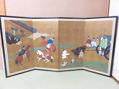 ●真作 高さ92㎝ 金屏風 在銘 源氏物語 ? 色絵●四曲一隻 衝立 パーテーション 日本画 肉筆 雛祭り 節句