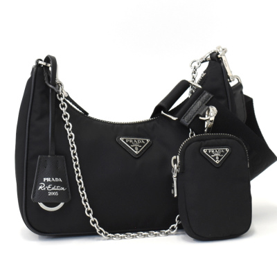 1円◎極美品 PRADA プラダ ショルダーバッグ クロスボディ 三角プレート RE-NYLON ナイロン サフィアーノ ブラック◎E.Dse.jR-25