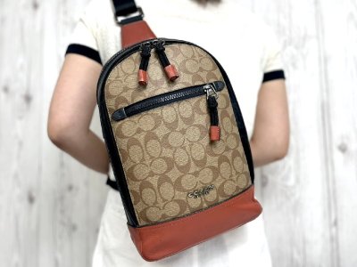 極美品 COACH コーチ シグネチャー ボディバッグ ワンショルダー バッグ PVC&times;レザー&times;ナイロンキャンバス 茶系 メンズ 102996Y