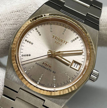 Tissot ティソ PRX 美品 腕時計 自動巻 グレー文字盤 18K ローズゴールド ベゼル ダイヤインデックス 35mm
