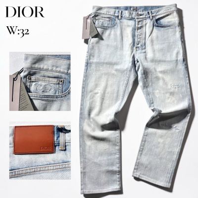 未使用級/Lサイズ●最高級 DIOR ディオール デニム ジーンズ ジーパン パンツ メンズ ブリーチウォッシュ加工 CDロゴ刺繍 レザーパッチ W32