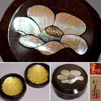 ★人間国宝 室瀬和美　椿蒔絵割貝香合　螺鈿　傑作品　茶道具