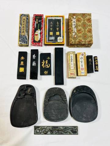 1円〜未使用含む墨:580g 13丁 硯 文鎮 中国微墨 日本墨 中国書画墨 徽歙老開文 青墨 直勝精煙選墨 呉竹精昇堂 百寿図 夫子壁 超貢煙