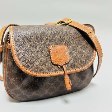 1円 CELINE セリーヌ マカダム柄 PVC&times;レザー クロスボディ ショルダーバッグ ミニバッグ 斜め掛け レディース ブラウン系 正規品本物