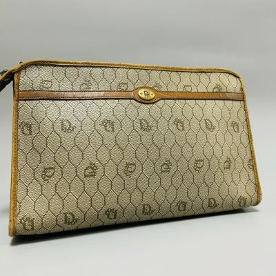 1円 Christian Dior クリスチャンディオール ディオール クラッチバッグ セカンドバッグ ハニカム柄 PVC レザー ベージュ正規品本物