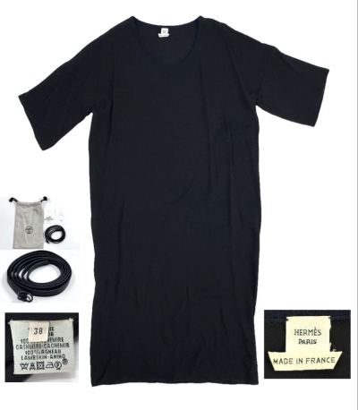 AZ-970【極美品】ゴルチェ期 エルメス HERMES カシミヤ100% ラムスキン ベルト付 ニット ワンピース ドレス ブラック 黒 38 フランス M相当