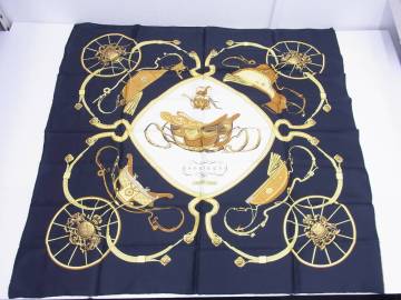 4975 ブランド祭 エルメス Herms スカーフ 大判 カレ 90 スプリングス SPRINGS シルク100% フランス製 四方約88cm 服飾小物 ブラック 中古