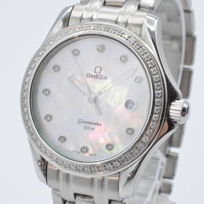 １円～ 稼働 A188-1003548B OMEGA オメガ シーマスター120ｍ　11Pダイヤベゼル SS QZ デイト シェル文字盤 メンズ腕時計