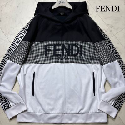 美品/希少XXL★ FENDI フェンディ 22AW ロゴ刺繍 スリーブロゴ パーカー フーディー スウェット プルオーバー 2XL ズッカ FF 千鳥 メンズ