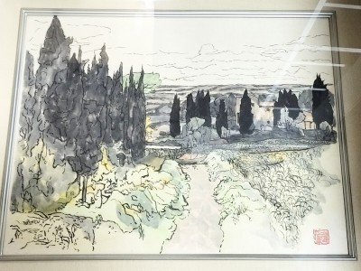 【希少】【真作保証】高山辰雄「糸杉の路」 共シール 紙本 墨 水彩 1978年作 日展理事 名画 黄袋・タトウ箱