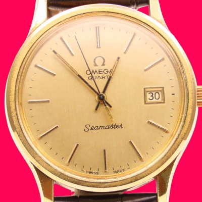 ■♪価格高騰!資産価値！稼働電池新品メンズビンテージ高級超レア！ OMEGA オメガ Seamasterシーマスターデートクオーツベルト新品尾錠純正