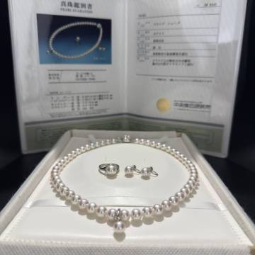 【極上/花珠級/テリ最強/オーロラ】 あこや真珠 パール ネックレス イヤリング リング トップ Pt900/K18WG/K14WG 7.5-8.8 天然ダイヤモンド