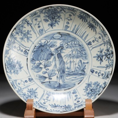 PT117. 中国古玩 呉須 染付 青花花鳥図 大皿 直径35cm / 陶器陶芸古美術時代