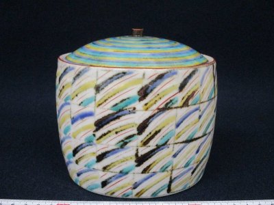 Y5591 陶器 「前田正博 色絵 水指 共蓋」 銘有 茶器 茶道具