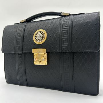 １円 ◆美品◆ VERSACE ヴェルサーチ ハンドバッグ セカンドバッグ ゴールド金具 メデューサ 総柄 レザー ブラック 黒 メンズ レディース