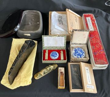 【② 書道具セットまとめて！】　 硯 すずり　蘇州湖筆　中国印章　清心　固形墨　野面研　アンティーク