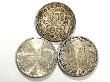 1円～ 売り切り 中古 昭和39年 1964年 東京オリンピック 1000円銀貨 3点セット 約60.2g 記念硬貨 五輪 富士山/桜 古銭 レトロ コレクター