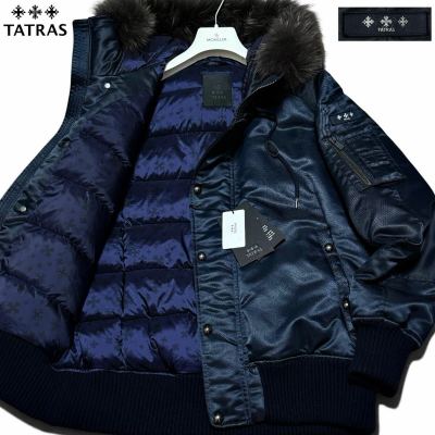 未使用級タグ付属/Lサイズ●最高級 TATRAS タトラス ペルージャ Rライン ダウンジャケット N-2B型 リアルファー 内側総柄 ロゴ 極暖 03 紺