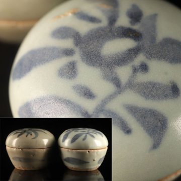 【流】中国美術 時代 染付香合二点 箱付 UH865
