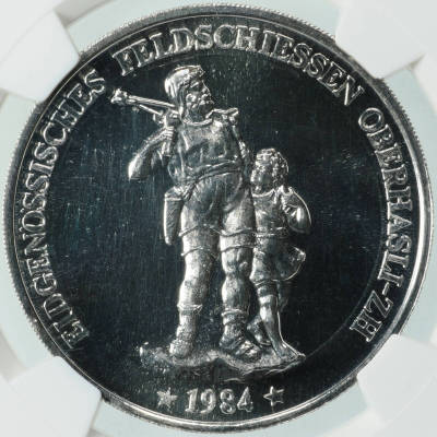 ▼動画あり｜1円スタート 最低落札なし 売切！【 NGC MS65 】1984年-S スイス チューリッヒ オーバーハスリ 現代射撃祭 50フラン銀貨 資産