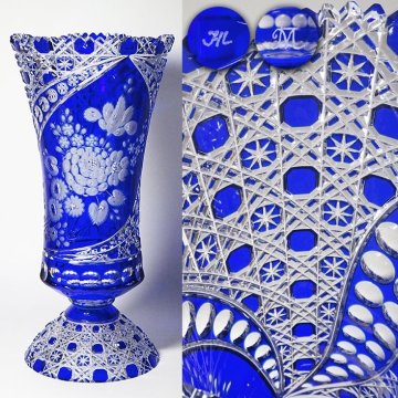 慶應◆【Meissen マイセンクリスタル】瑠璃被せグラヴィール・総ハンドカット「ミスティックフラワー」大型花瓶 高さ41.5cm