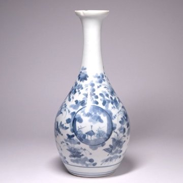 慶應◆江戸時代 古伊万里 染付花唐草窓絵楼閣図徳利 一輪差花瓶花器 桐箱付