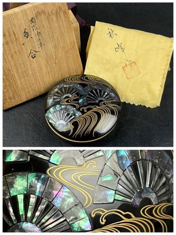 螺鈿細工 扇面流水蒔絵 木製　香合 茶道具 共箱付 漆器　M455