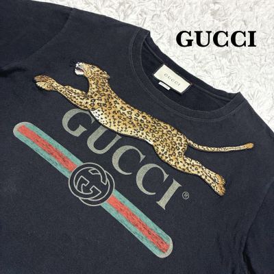GUCCI【現行モデル!!!最高峰ラグジュアリー!!!L相当!!!】グッチ Tシャツ 黒 ブラック 豹 タイガー シェリーライン デカロゴ 伊製 メンズ