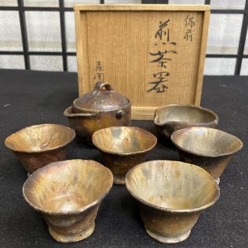 IDN No16 備前焼 煎茶器揃 宝瓶 湯冷まし 煎茶碗5客 共箱 煎茶道具　共箱付　 茶器 煎茶揃　森岡宏造