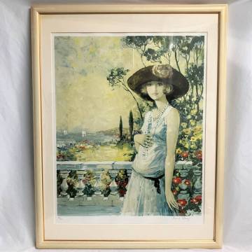 【C324】地中海 リトグラフ 石版画 ベルナール・シャロワ 直筆サイン 女性 限定250部 額縁 古径 洋画 油絵 絵画 現状品