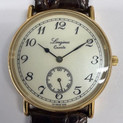 ★LONGINES ロンジン チャールストン スモセコ メンズ 腕時計 5228 クォーツ 動作未確認 アイボリー文字盤 レザー ベルト社外製 OB1328