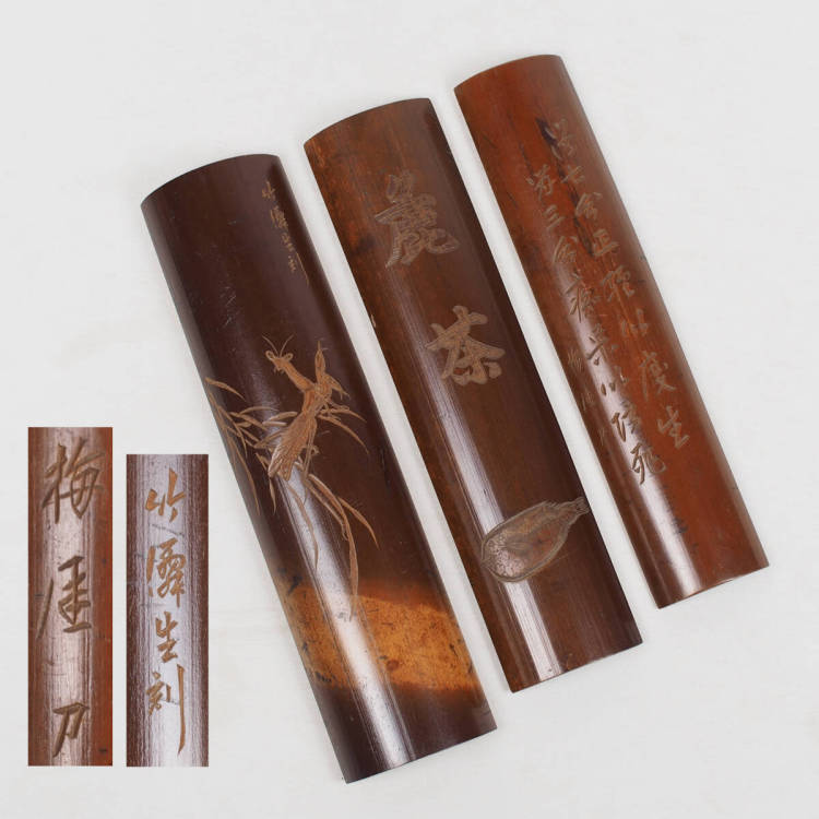 ④茶合 3点にて(在銘2点有り) 【詳細写真多数有り】煎茶道具 煎茶器 昆虫図 蟷螂