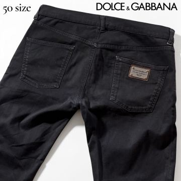 美品/Lサイズ●DOLCE&GABBANA ドルチェ&ガッバーナ パンツ 薄手 チノパン スラックス ストレッチ ロゴ金具プレート 黒系 イタリア製 50