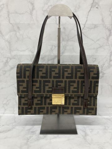 S フェンディ FENDI ズッカ柄 ハンドバッグ キャンバス ブラウン レザー レディース ヴィンテージ 中古品 ゴールド金具