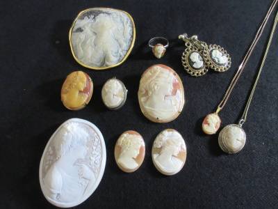 ＊100円～【美品含む】金具800刻印1点 人像 女性像 シェルカメオ アンティーク ネックレス/ブローチ/イヤリング/指輪/他 11点セット＊K-41