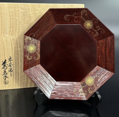 【江】木具師 橋村萬象 唐松唐草蒔絵片木目八角盆 古美術品(茶道具菓子盆)XZ3446 CTABcpgx