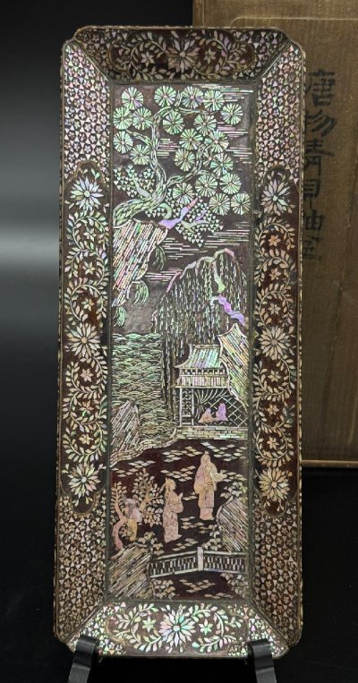 【江】唐物青貝軸盆 木箱付き 螺鈿 漆器 長方盆 飾り盆 （中国美術 骨董 古美術）AXZ3007 DTvelc UTlubs
